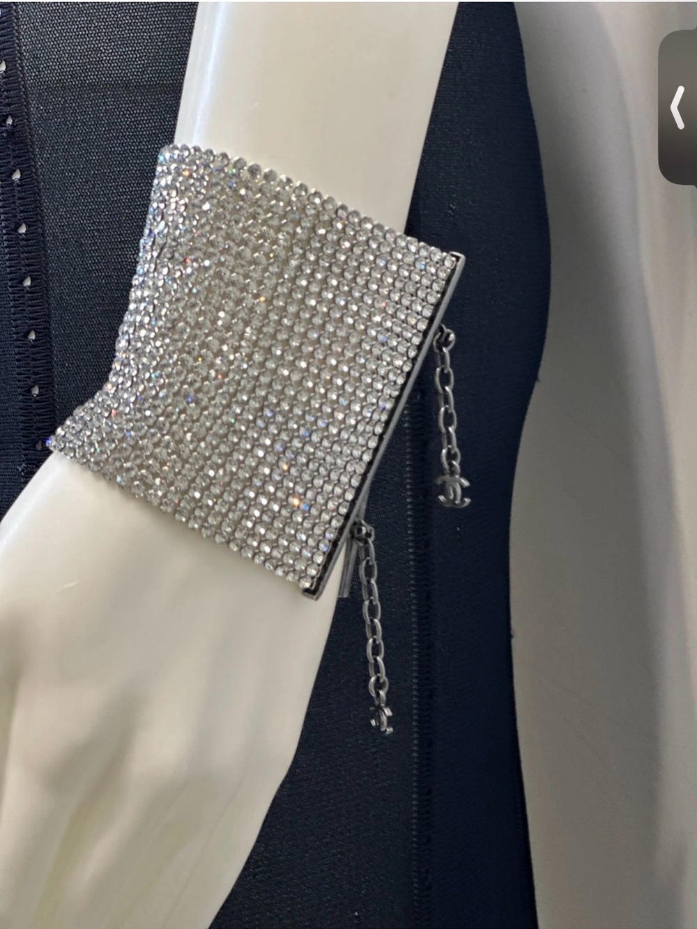 CHANEL Silver Crystal Pave Wide Cuff Bracelet with CC Dangling Charms